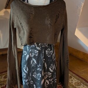 Distressed Brown Cropped Sweater with Floral Dress